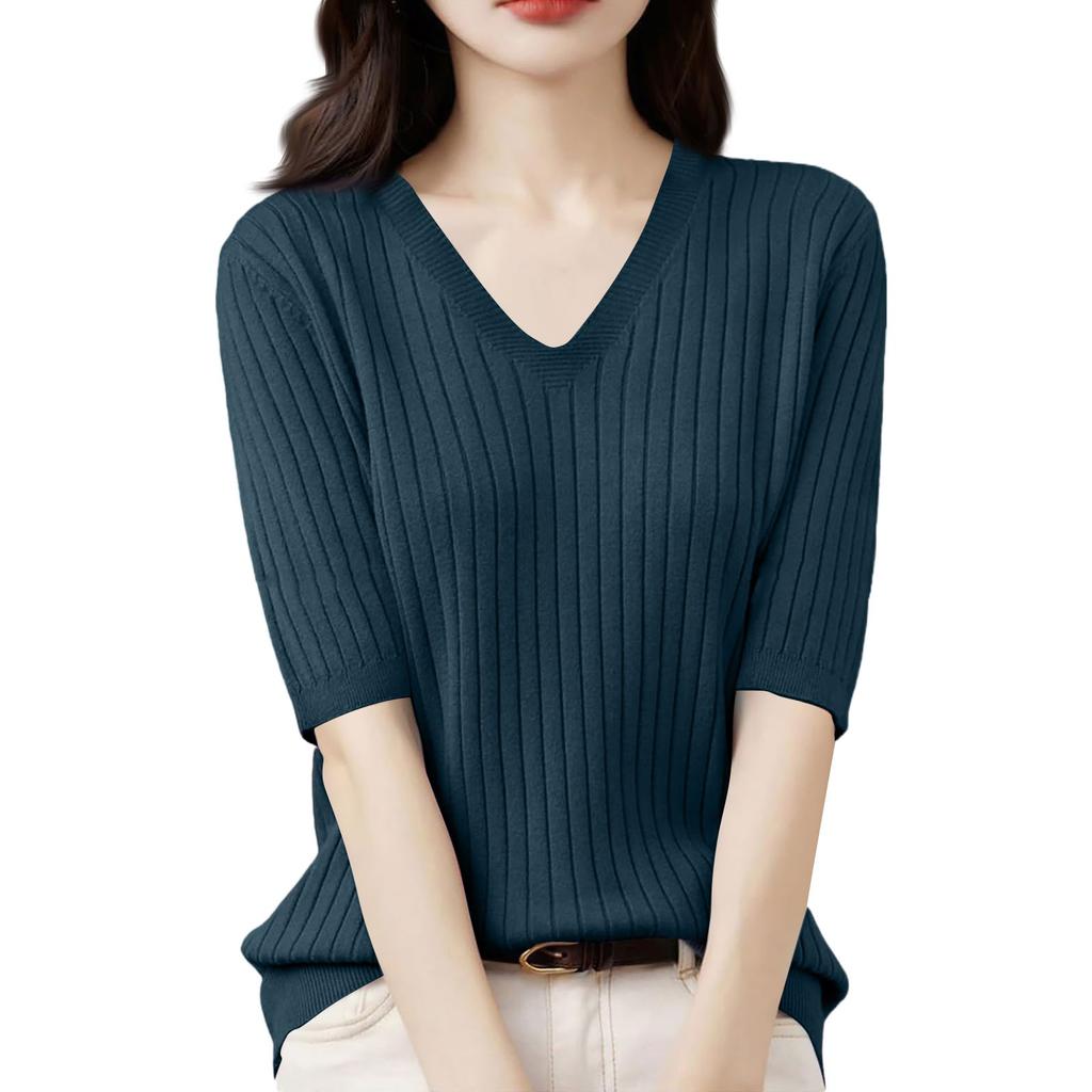 Женская мода свободный трикотажный свитер нижняя часть рубашки V-образный вырез пуловер короткий рукав однотонный топ
