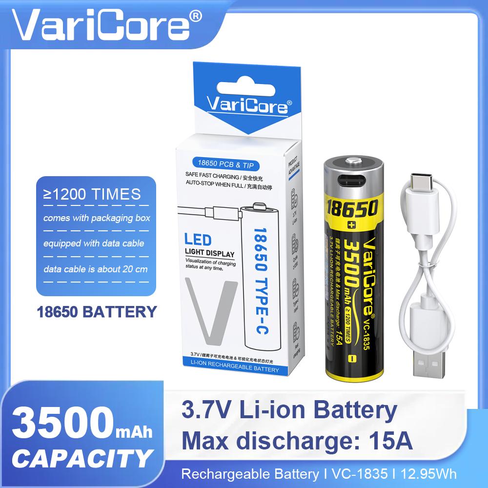 VariCore VC-1835-USB New Type-C 5V Input 3.7V 18650 3500mAh Capacity Rechargeable Lithium USB Battery for Toy Keyboar