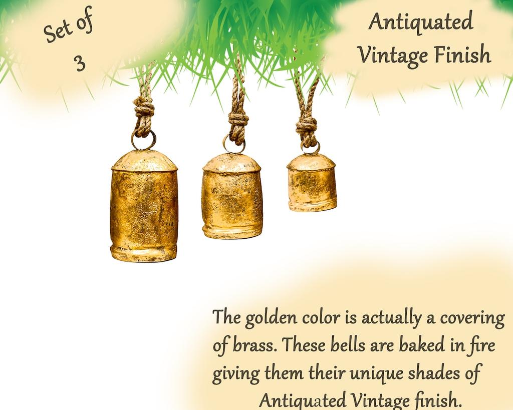 Brass Cow Shabby Chic Country Style Rustic Metal Hanging Giant Cow Bells On Jute Ropes Decor Set of 3