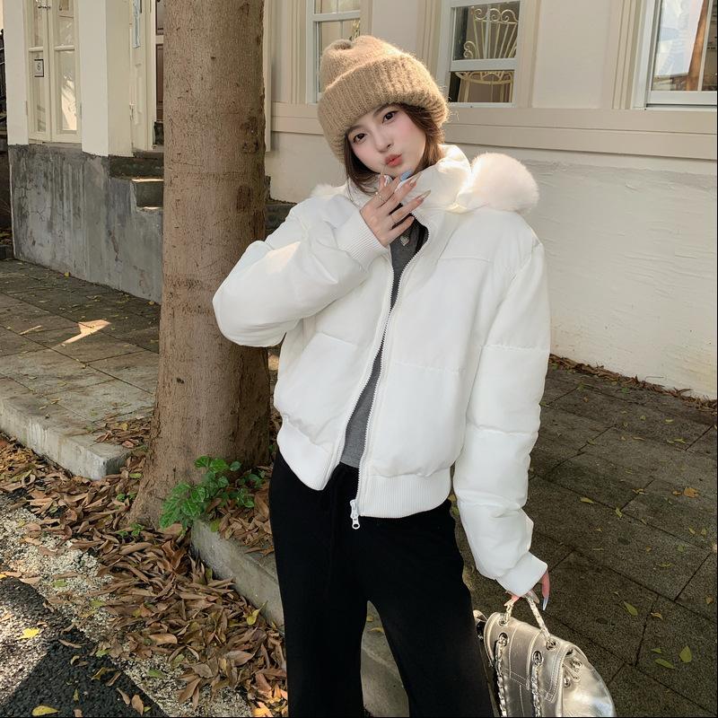 American black fur collar hooded down cotton-padded clothes women's winter warm thickened slim-fitting short cotton-padded jacket top