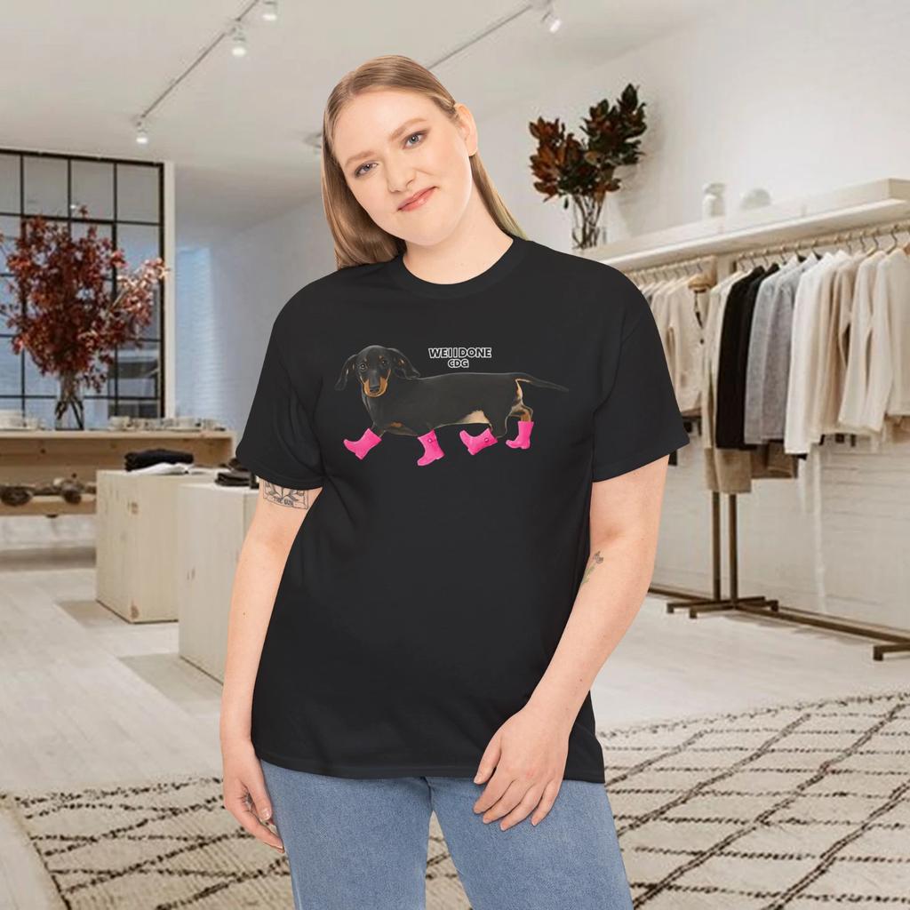 Welldone CDG Dachshund Dog Pink Boots Graphic T-shirt