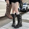Fashion Fashion Metal Buckle Motorcycle Boots for Women Black PU Leather Chunky Heel Long Botas Mujer 2025 Autumn Winter Knee High Boots