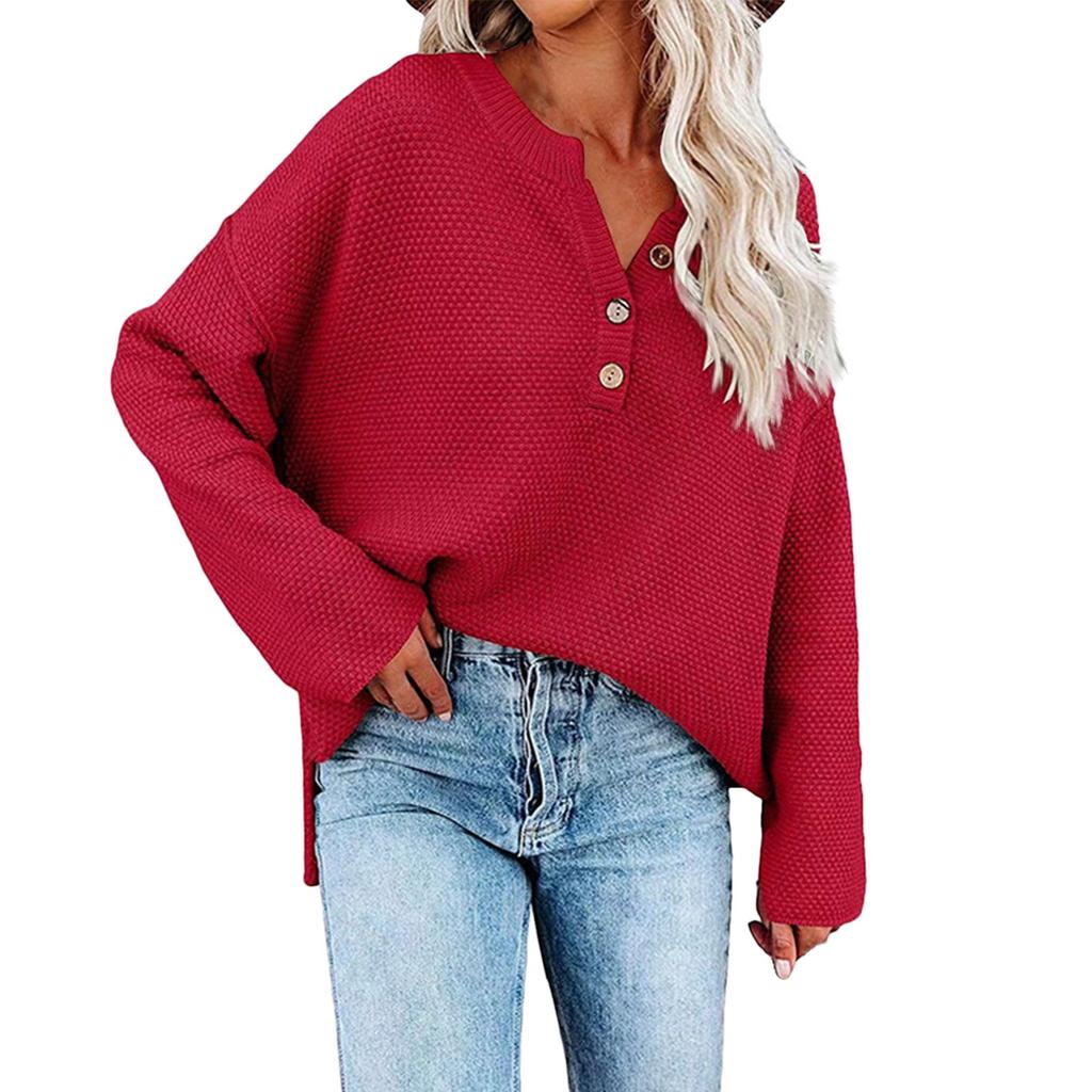 Женская мода, повседневный однотонный свободный вязаный пуловер с круглым вырезом и пуговицами, топ