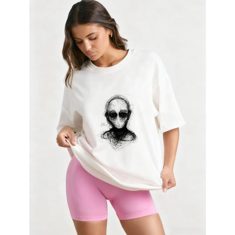 Футболка оверсайз черная с абстрактным принтом лица инопланетянина, повседневный уличный стиль, модный топ для женщин и мужчин