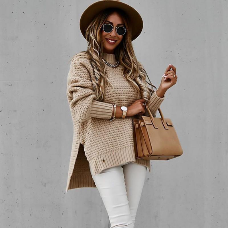Womens Fall Winter Sweater Half Turtleneck Loose Fit Solid Color Long Sleeve Chunky Knit Side Slit