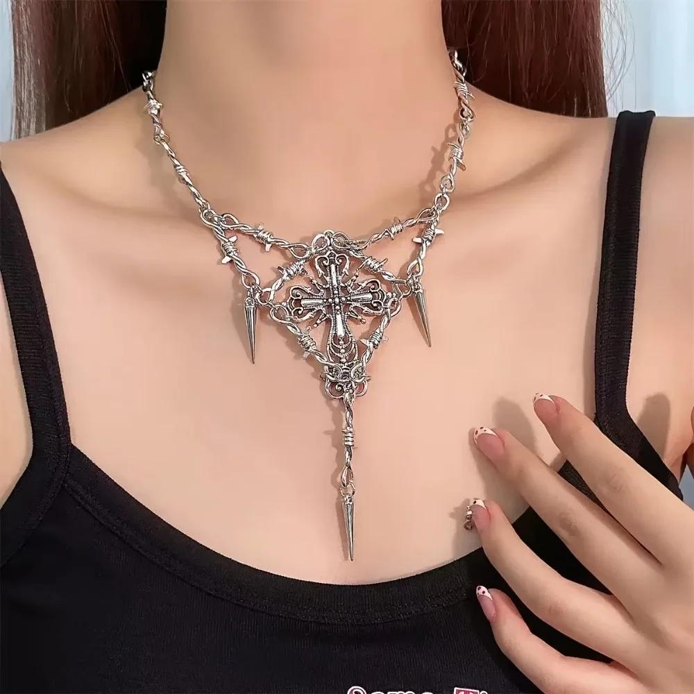 Choker Punk Spike Necklace with Cross Pendant Vintage for Men & Women Gothic Zircon