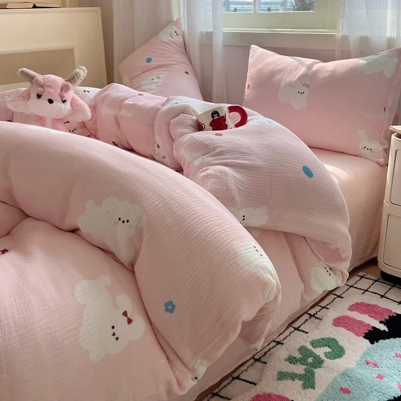 Cute Strawberry And Rabbit Duvet Cover Set Washed Cotton Linen Feel Super Soft Comfortable Chic 4Pcs Home Decor Bedding Set
