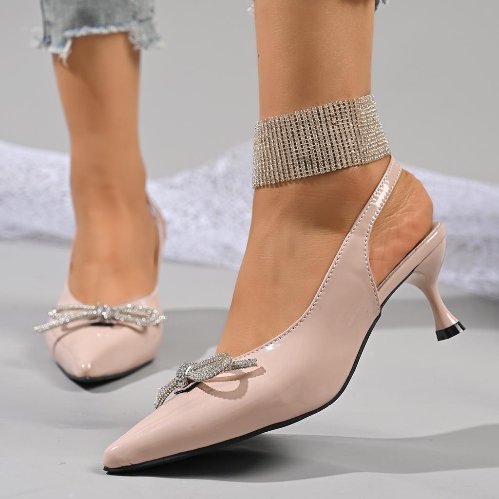 Женские босоножки на высоком каблуке с бантом, сексуальные, с кристальным декором, с острым носком, женские сандалии нового стиля для офисных леди, нескользящие