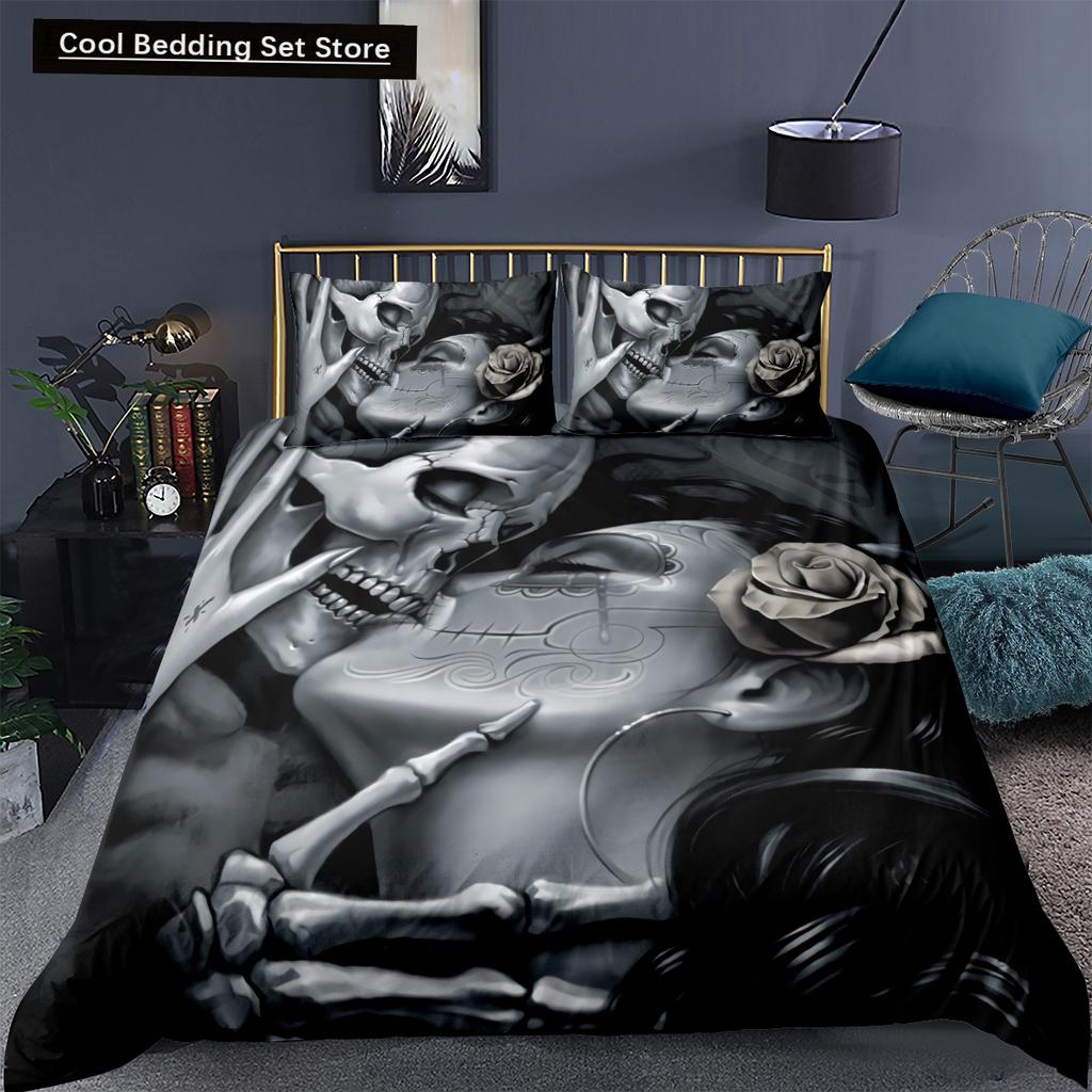 Скелет King Queen Пододеяльник Череп Постельное белье Комплект для детей Подростков Взрослых Хэллоуин Спальня Декор Мягкий Одеяло Чехол Наволочки