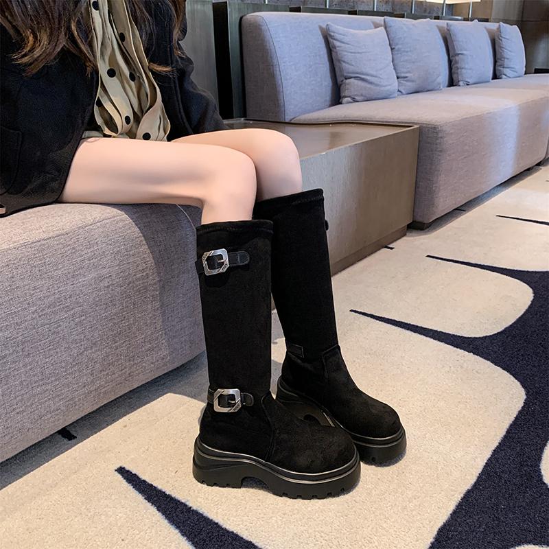 Мода 2025 Женские Стильные Сапоги-Слоучи до Середины Икры Мягкие Удобные с Дизайном Круглого Носка Застежка-Пряжка Дизайн Повседневная Обувь для Улицы