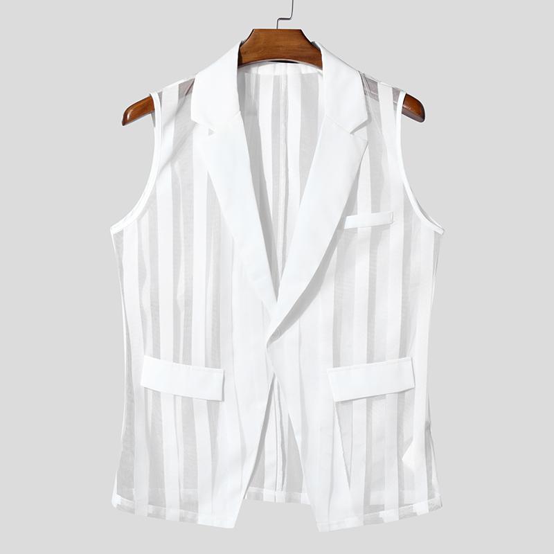 INCERUN Men Lapel Neck Sleeveless One Button Striped Mesh Sheer See Through Waistcoats