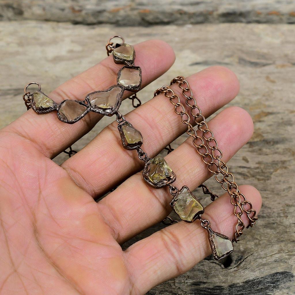 Грубое ожерелье с цитрином, медное ожерелье из гальванопластики, регулируемое ожерелье-цепочка, ювелирные изделия ручной работы, ожерелье из драгоценных камней, подарок для нее