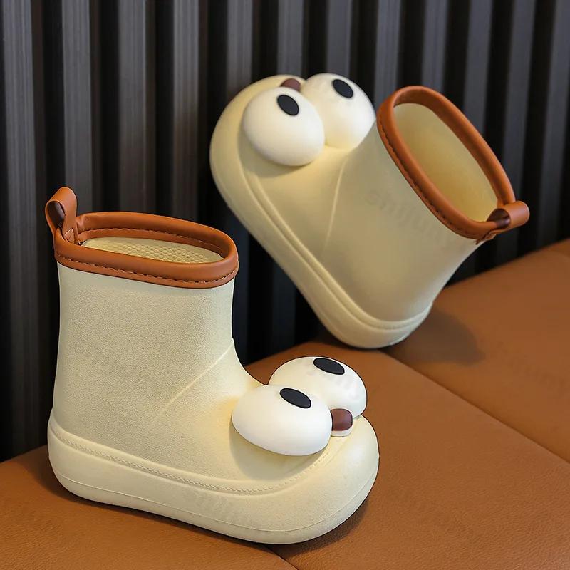 Модные милые детские водонепроницаемые дождевые сапоги, нескользящие, для мальчиков и девочек, роскошные резиновые сапоги с большими глазами, детская модная обувь из ЭВА для воды на все времена года