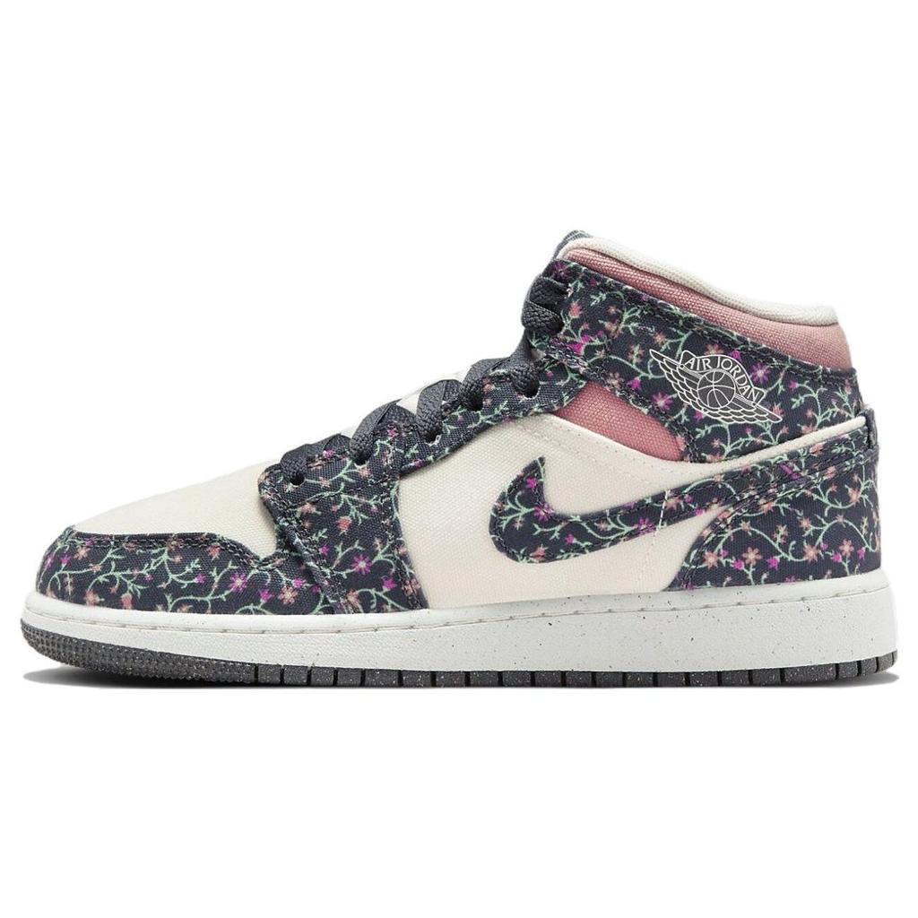 Кроссовки Air Jordan 1 Mid SE GS Floral Kids, черные, антрацитовые, парус FJ3451-001