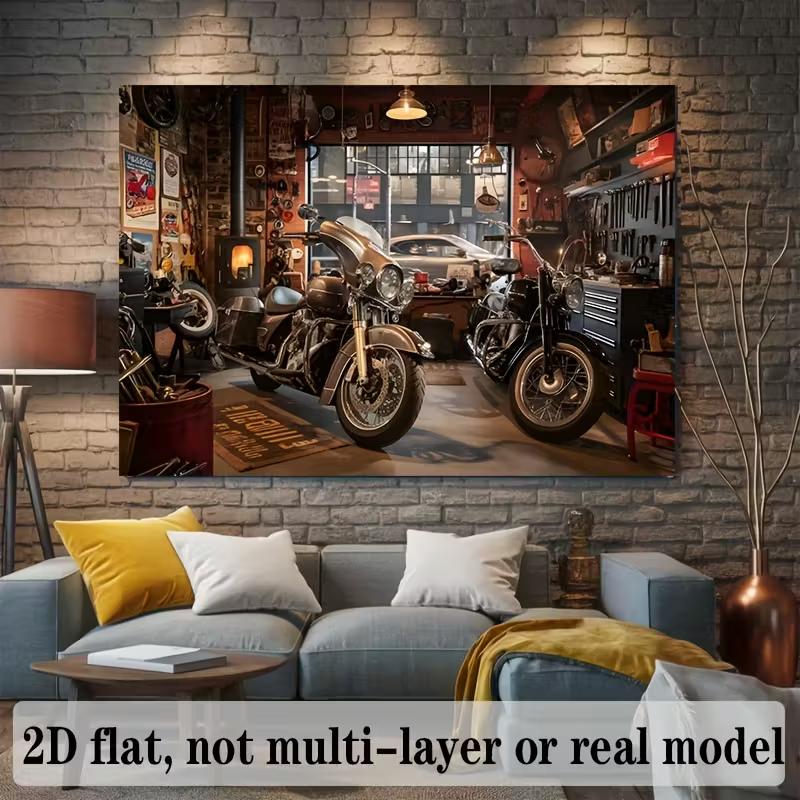 2D Vintage Motorcycle Garage Backdrop Banner - Biker Party Photo Background