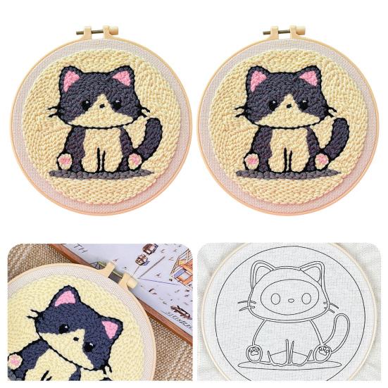 1 Set Punch Needle Coaster Kit Handmade Punch Needle Embroidery Craft Kit with Hoop Yarn Tools Instruction Adults Beginners DIY Animal Flower Coaster