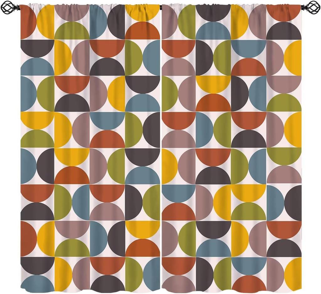 Mid Century Curtain, Yellow Vintage Abstract Boho Window Treatment Modern Geometric Circles Circular Classic Retro 50S Farmhouse