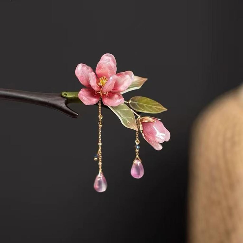 Floral Hair Stick Chinese Style Hairpin Pink Flower Tassel Retro Traditional Hanfu Elegant Hair Accessory For Women Daily Party