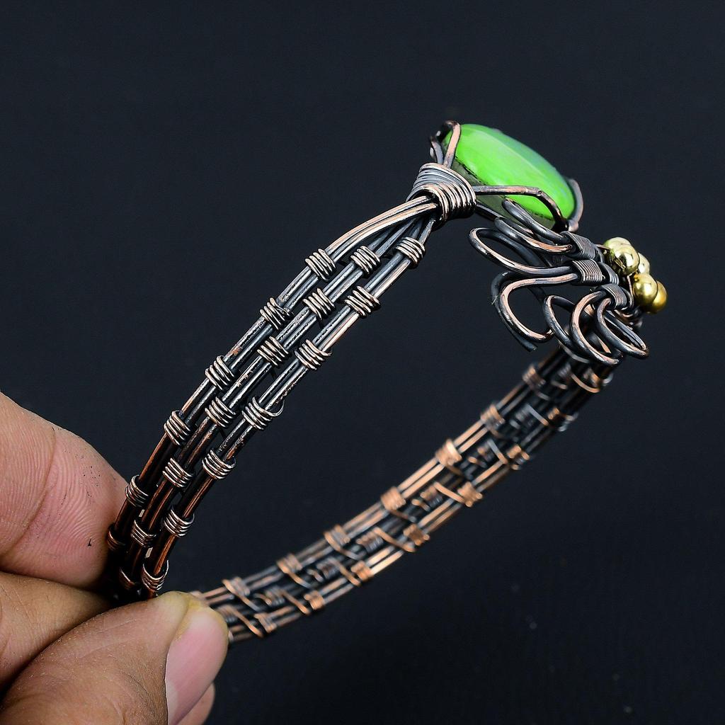 Браслет с австралийским опалом-триплетом, Браслет из драгоценного камня ручной работы, Антикварное украшение, обернутое медной проволокой 999 пробы, Для подарка на помолвку