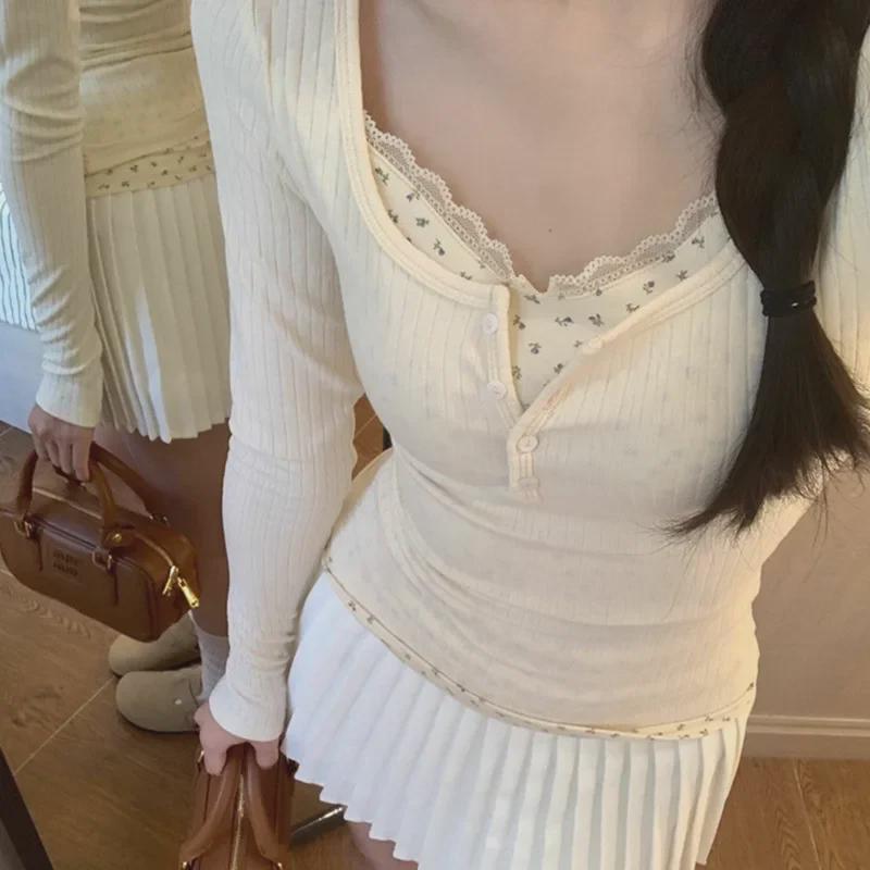 Женская облегающая футболка с длинными рукавами и цветочным принтом из двух частей — шикарный весенне-осенний стиль