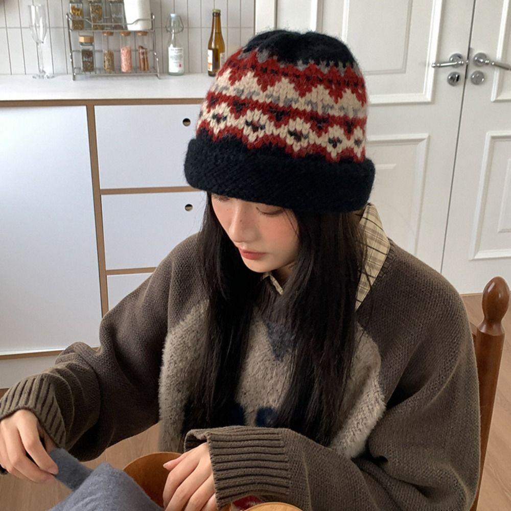 Warm Knitted Bucket Hat Autumn Winter Wool Knitted Hat Trendy Handmade Woolen Hat Women