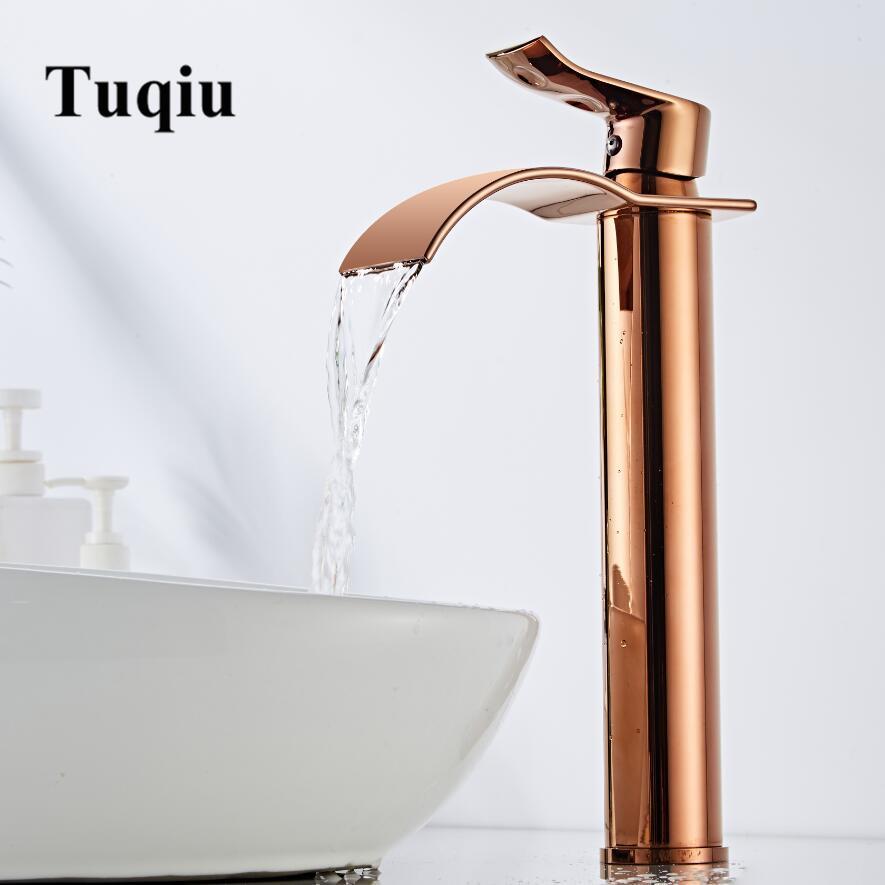 Rose Gold Basin Faucet Waterfall Faucet Brass Bathroom Faucet Bathroom Basin Faucet Mixer Tap Hot and Cold Brass Sink Faucet