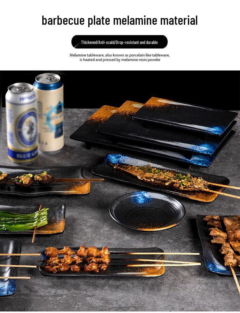 Japanese Melamine Rectangular Barbecue Side Dish Plate - Imitation Porcelain, Creative and Drop-Resistant for Hot Pot and Restaurants