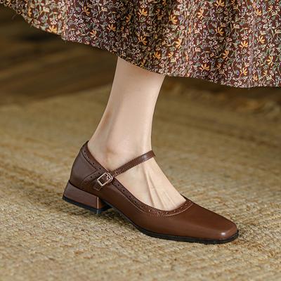 Новая женская обувь Мэри Джейн из натуральной кожи, туфли-лодочки на мелком каблуке с пряжкой и квадратным носком, женские туфли на толстом каблуке, Zapatos De Mujer