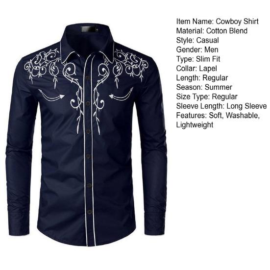 Мужская ковбойская рубашка в стиле вестерн, однобортная однобортная повседневная рубашка с воротником с лацканами и вышивкой, приталенная повседневная рубашка