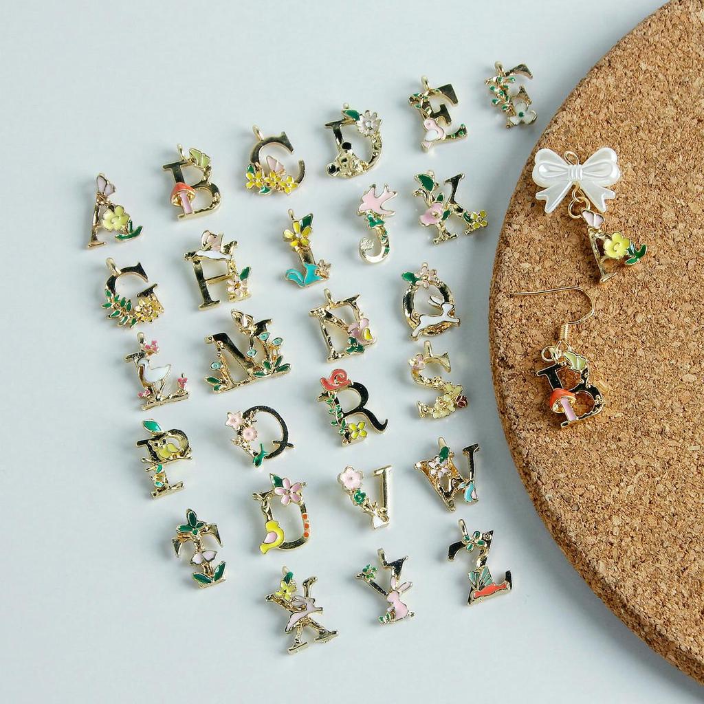 Floral Art English Letter Drip Oil Alloy Charms for DIY Jewelry & Bracelet Pendants