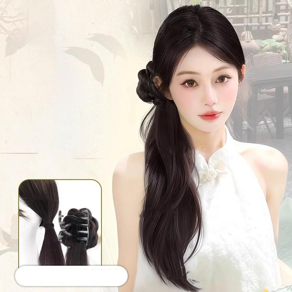 45cm Chinese Style Side Synthetic Ponytail Braids Wig Clip Women Natural Curly Fluffy Hair Extension