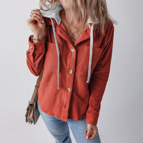 Весна Осень Женская Рубашка С Лоскутным Капюшоном И Нагрудными Карманами Завязывается На Шнурок Однобортная