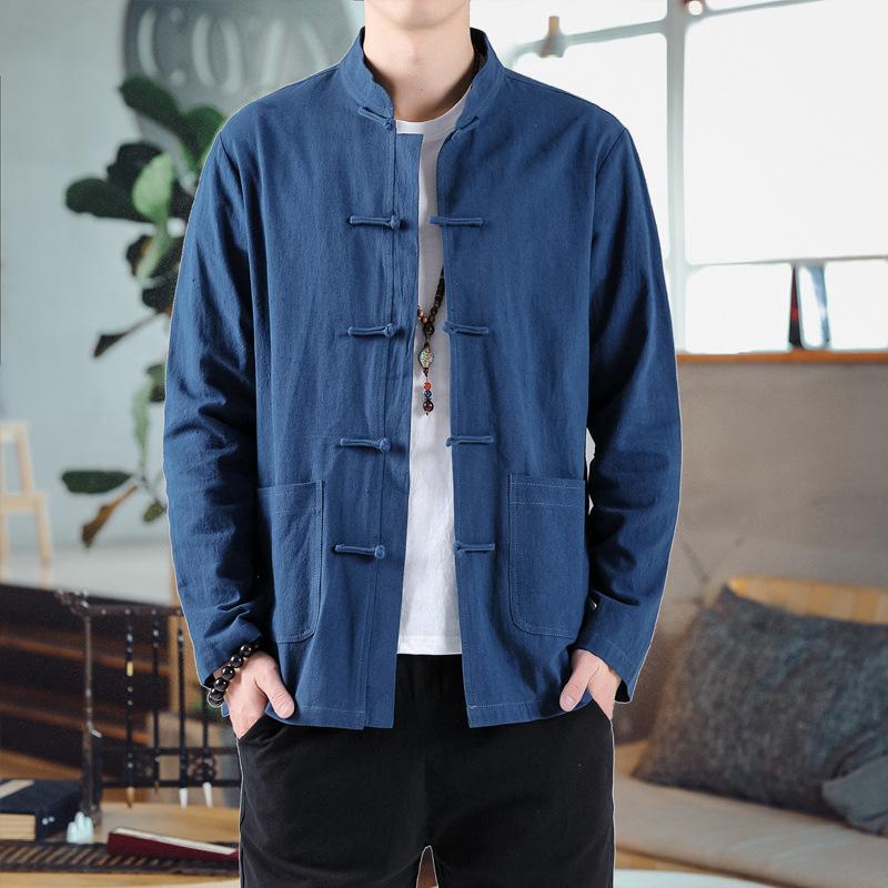 Весенне-осенняя хлопково-льняная рубашка в китайском стиле с ретро-пуговицами и длинным рукавом для мужчин, одежда для тай-чи для выступлений, рубашка-пиджак