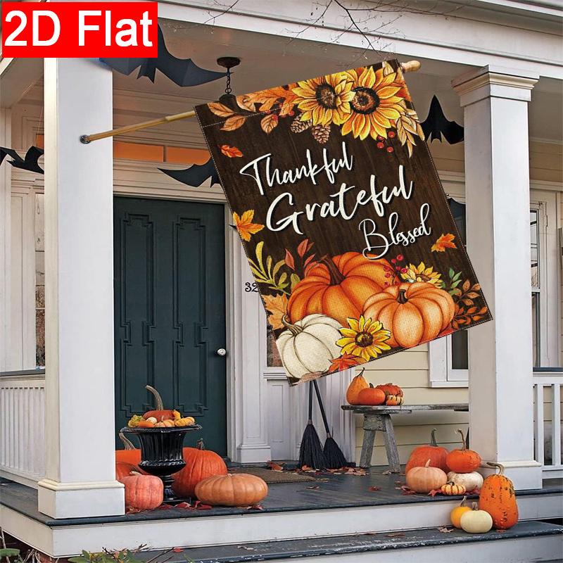 2D Flat - 2D Flat - 2D Flat Thanksgiving Deep Wood Grain Sunflower Double Pumpkin Garden Flag Outdoor Garden Flag, Double-Sided Home Decoration Court