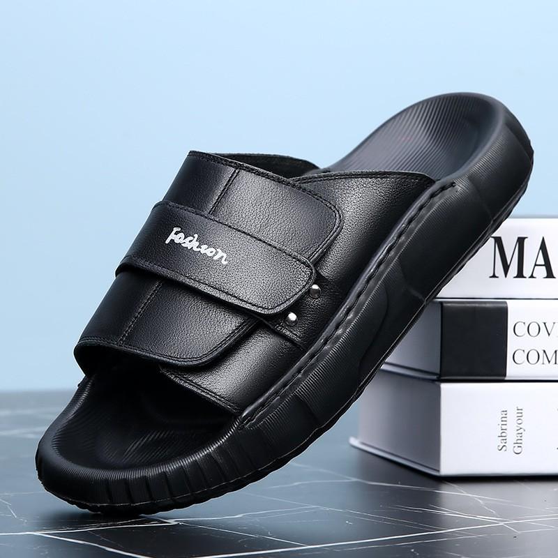 Mens Genuine Leather Slide Sandals Outdoor Slip-On Flat Shoes With Non-Slip Sole