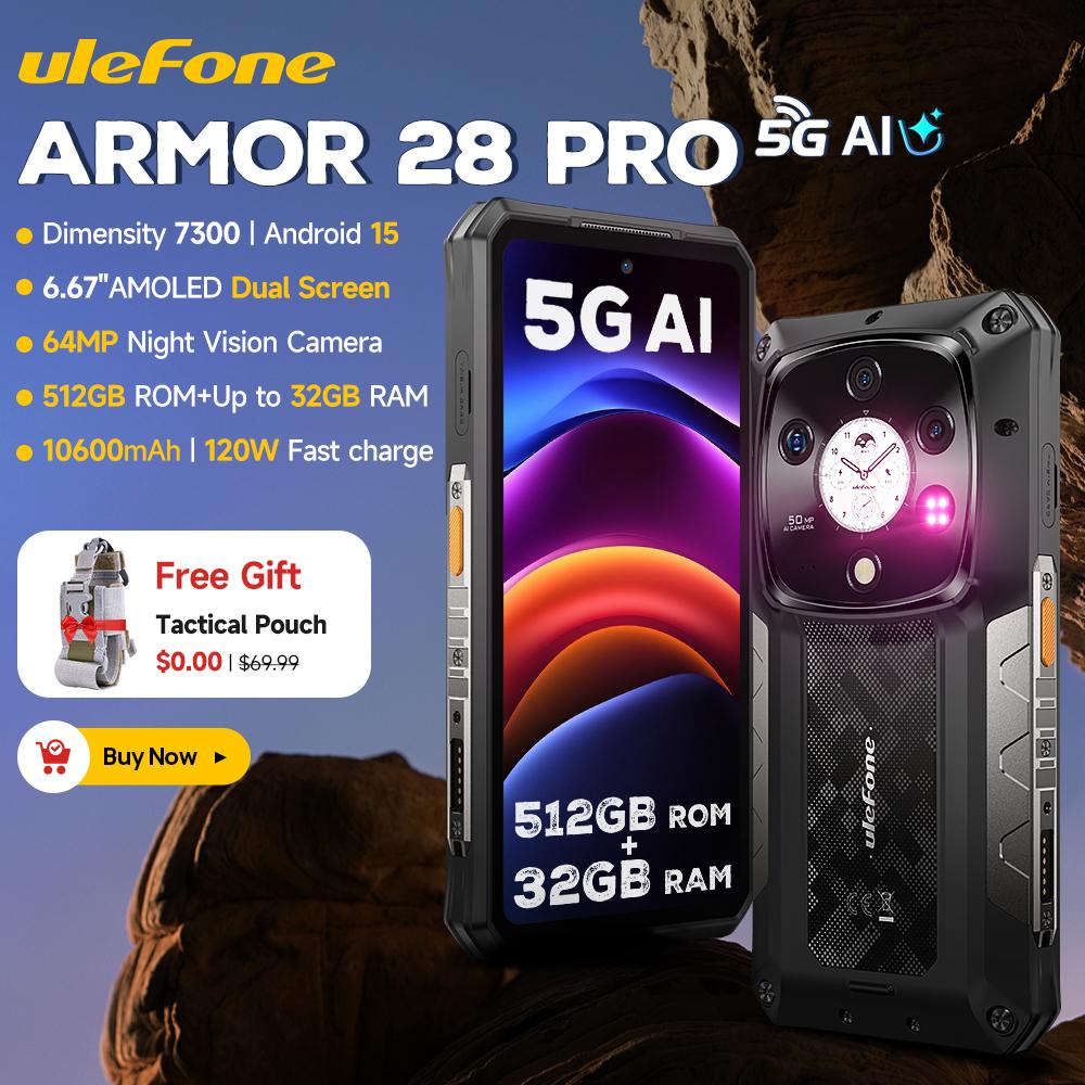 Ulefone Armor 28 Pro 5G AI Защищенный Телефон 512 ГБ ПЗУ 120 Вт MTK Dimensity 7300 10600 мАч 6,67” AMOLED 64 МП Смартфон
