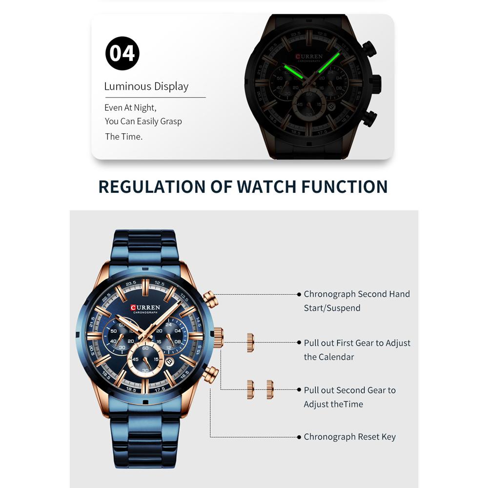 CURREN Luxury New Mens Stainless Steel Band Wristwatches for Men Casual Fashion Quartz Clock Mens Chronograph Watch with Date