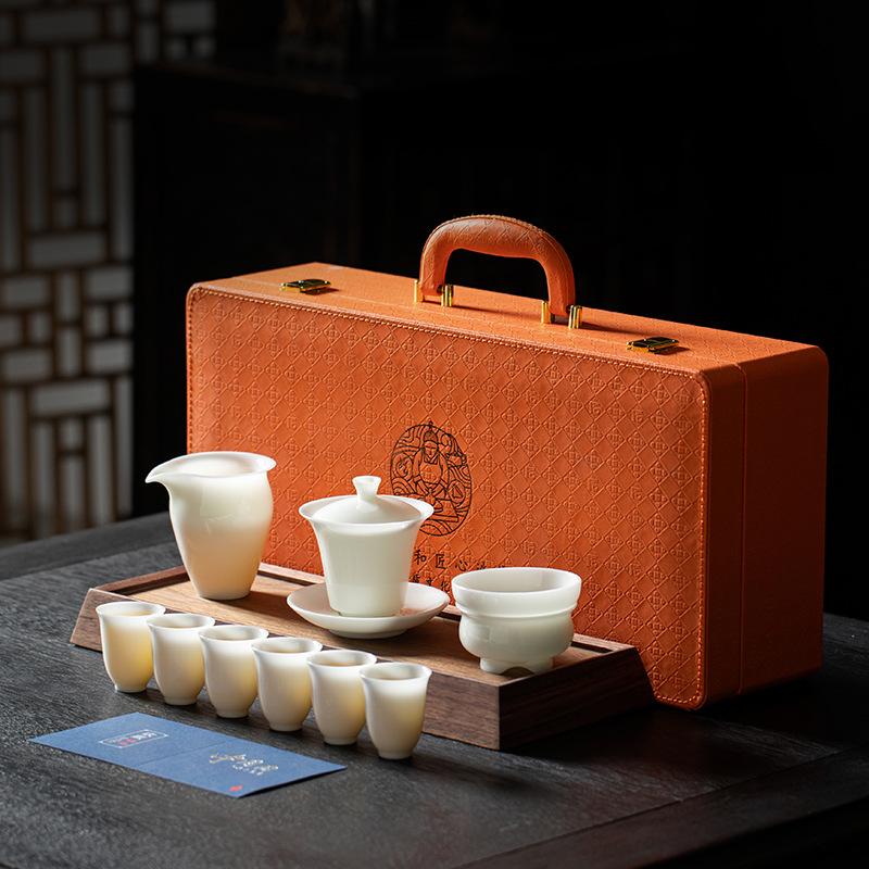 New high-end ice tea set, ice crystal jade porcelain kung fu tea set, gift box, business gift souvenir