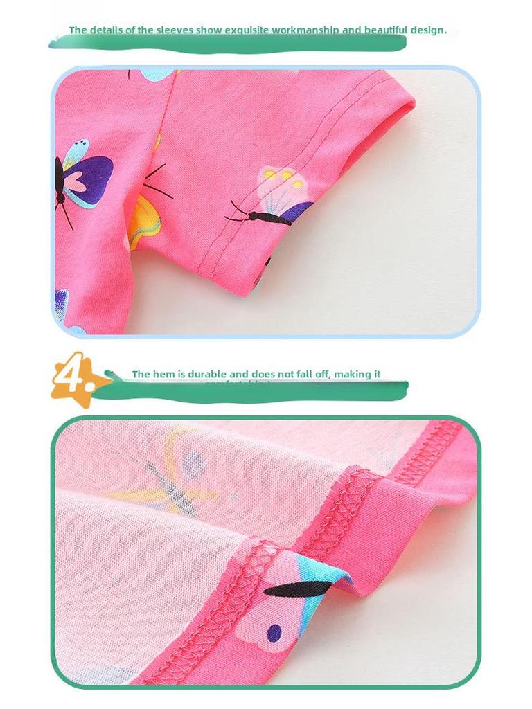 Girls' European & American Style Butterfly Print Summer Dress - Cotton, Round Neck, Princess Design