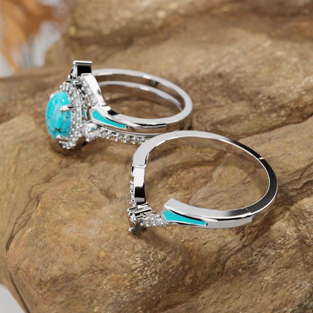Fashion Retro Turquoise Crystal Ring for Women Bohemian Silver Color Rings Set Boho Jewelry 3 Pieces Set