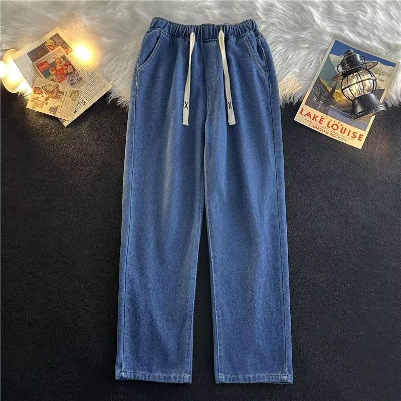 Spring And Autumn Harajuku Hong Kong Style Simple Loose Trend Ins Versatile Casual Drawstring Straight Long Pants Jeans For Men