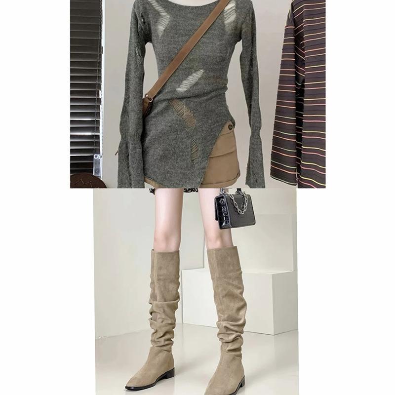 Сапоги женские плиссированные, наборные, 2025, новые, тонкие, высокие, ковбойские, сапоги с толстым каблуком и рукавом, рыцарские сапоги