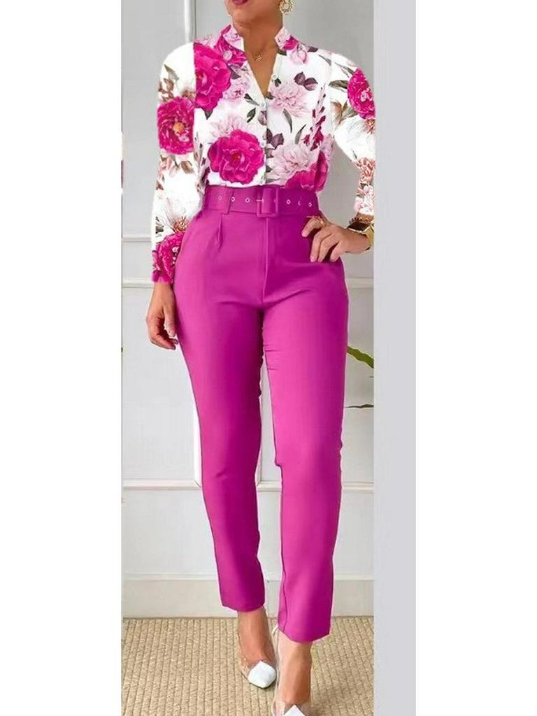 Принтованный топ с длинным рукавом и однотонный брючный костюм с поясом