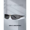 Retro Millennium-style one-piece, uniquely shaped sunglasses, perfect for punk fashion enthusiasts and outdoor activities