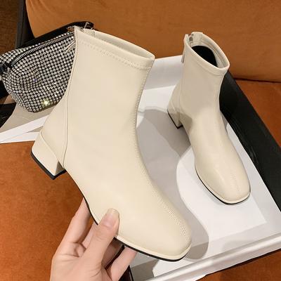Мода 2024 Новая женская обувь Модные ботильоны Женские туфли на высоком толстом каблуке Квадратный носок Короткие ботинки Женские Ретро Эластичные ботинки-носки