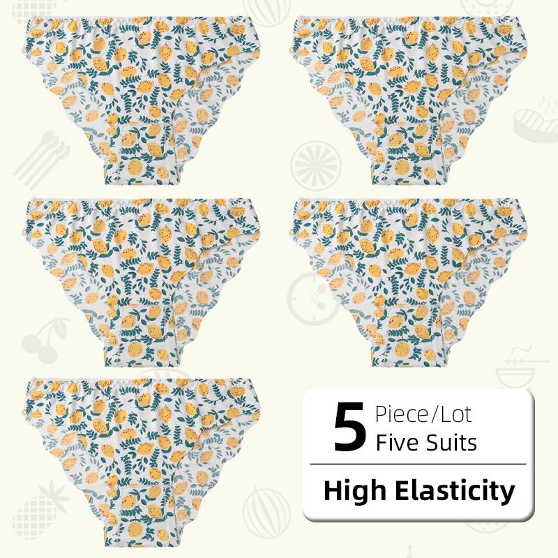 5Pcs/Lot Girl's Ice Seamless Low Waist Panties Cute Fruit Printing High Elastic Comfortable, Half A Pack Buttock Wavy Edge Underwear Briefs