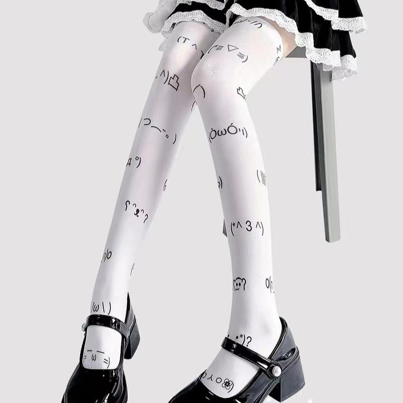 Kawaii Expression White Graffiti Letter Print Long Socks Japanese JK Harajuku Over Knee Thigh High Stockings Cosplay Socks