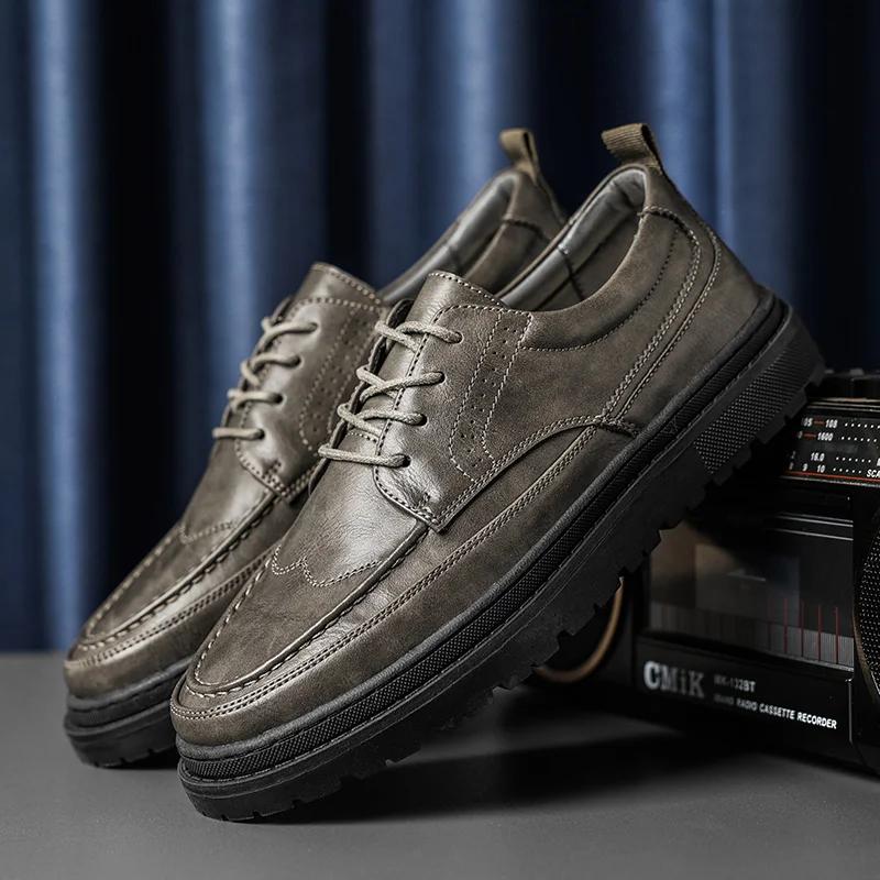 Fashion Men Dress Shoes Lace Up Falt Casual Shoes Man Leather Soft Bottom Male Borgue Shoe Nonslip Outdoor Men Shoes Chaussure Homme