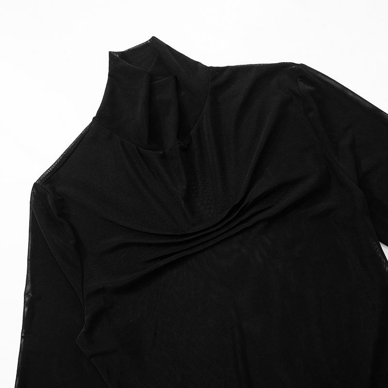 Женская прозрачная однотонная футболка с высоким воротником и длинным рукавомadika Q24TP607