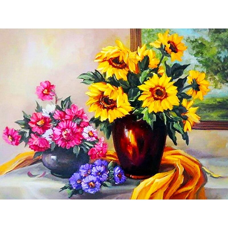 5D DIY Алмазная картина Ваза Алмазная вышивка Цветочный пейзаж Вышивка крестиком Полный круглый дрель Домашний декор Ручной художественный подарок